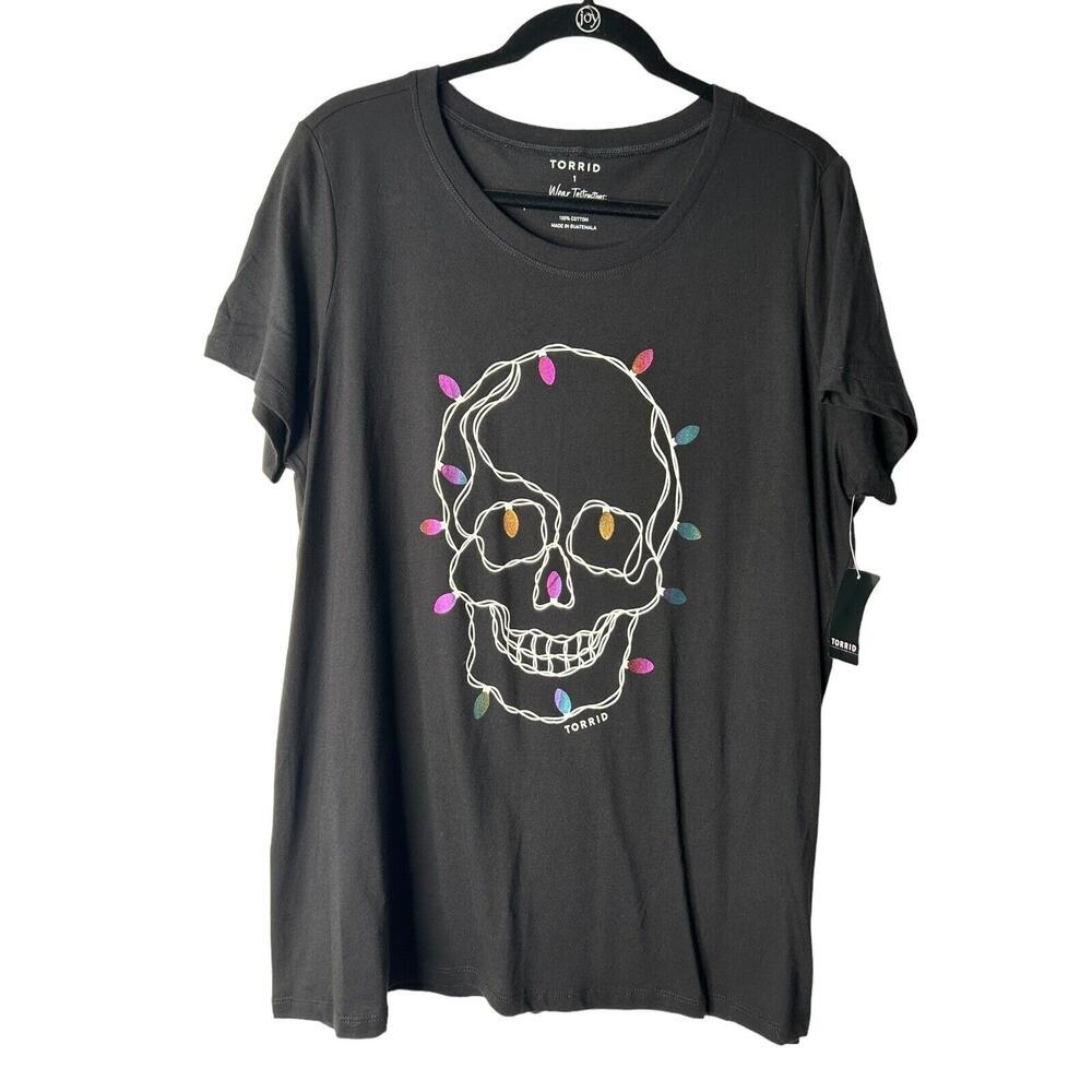 Torrid Top Womens Plus Size 1X Black Skull Lights Crew Neck Short Sleeve Cotton
